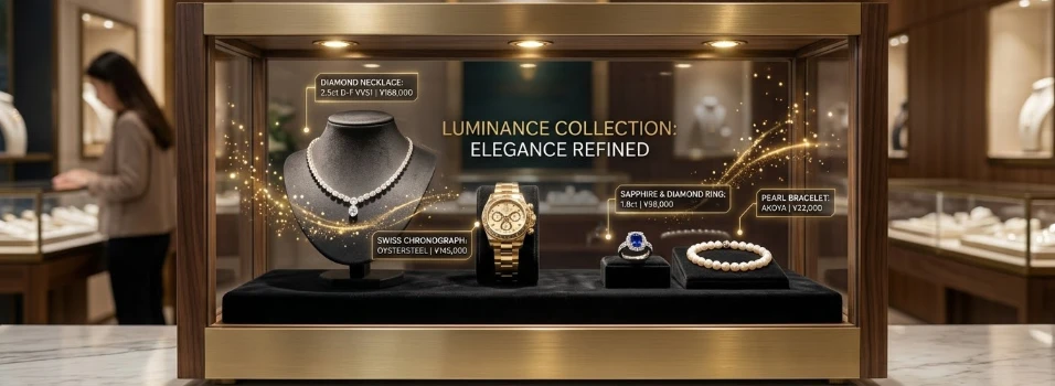 Interior product showcase using a 27x10 inch see through LCD screen panel for jewelry and luxury accessories with digital content floating over physical merchandise