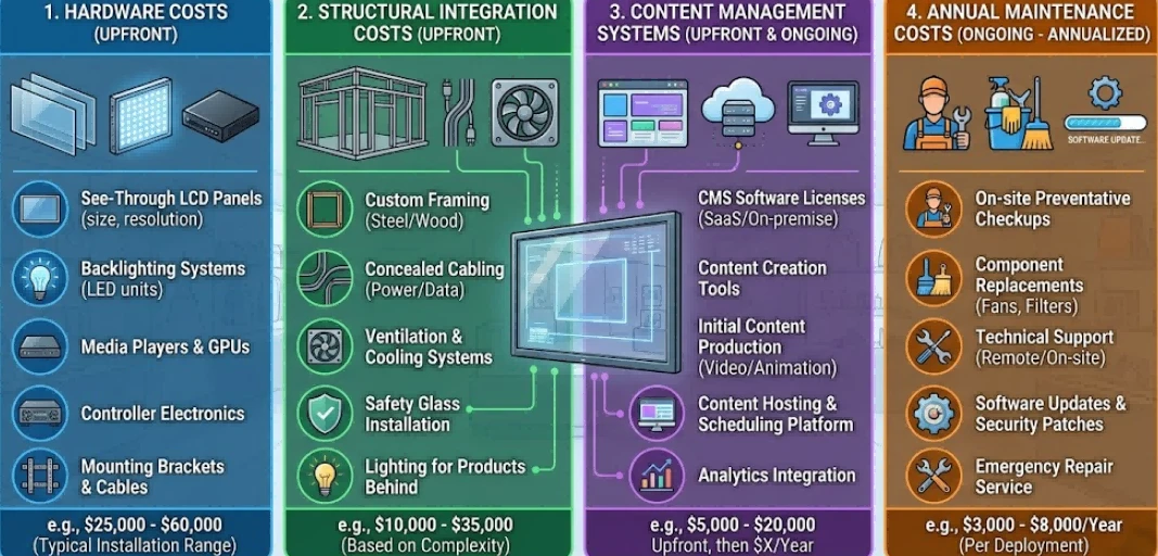 Cost breakdown of a see through LCD screen deployment including hardware, structural integration, content management systems, and annual maintenance for retail stores Cost breakdown of a see through LCD screen deployment including hardware, structural integration, content management systems, and annual maintenance for retail stores