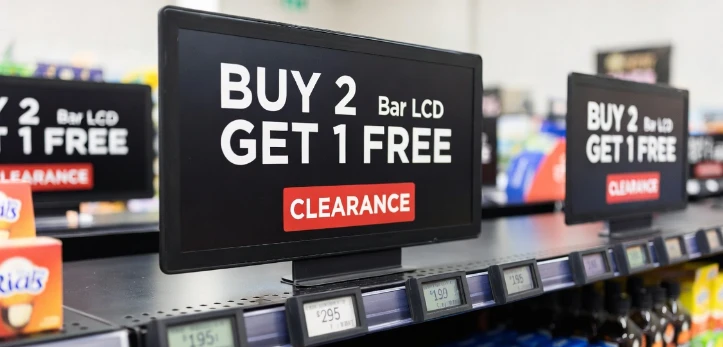 Hybrid retail display deployment using E-Ink ESL for static shelf-edge pricing and dynamic Bar LCD displays for high-conversion promotional endcaps Hybrid retail display deployment using E-Ink ESL for static shelf-edge pricing and dynamic Bar LCD displays for high-conversion promotional endcaps
