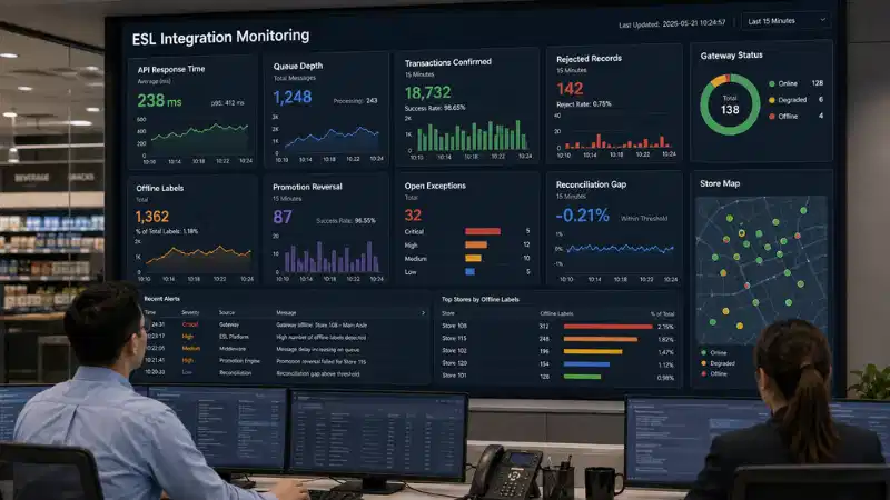 ESL integration monitoring dashboard showing API performance, queue depth, gateway status, and reconciliation gaps